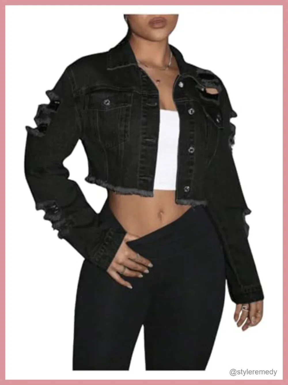 Cropped Distressed Denim Jacket Raw Hem Y2K Button Front